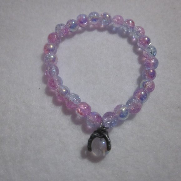 Pink and Clear Crackle Iridescent Beaded Stretch Claw Charm Bracelet - Picture 1 of 5